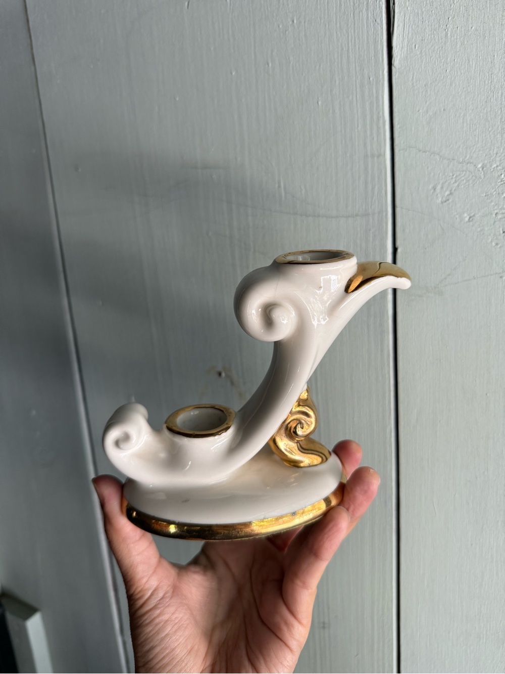 Vintage Elegant White and Gold Ceramic Double Candle Holder